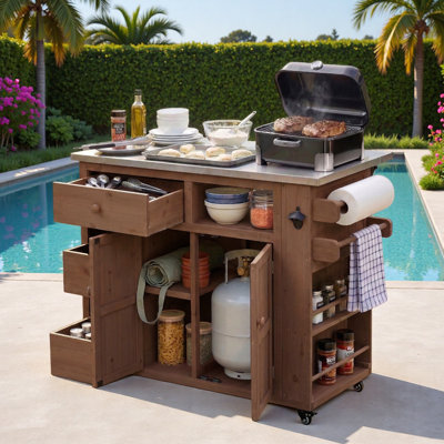Outdoor Kitchen Island With Stainless Steel Top, Side Spice Rack, Drawers, Paper Rack, Towel Rack And Open Shelf