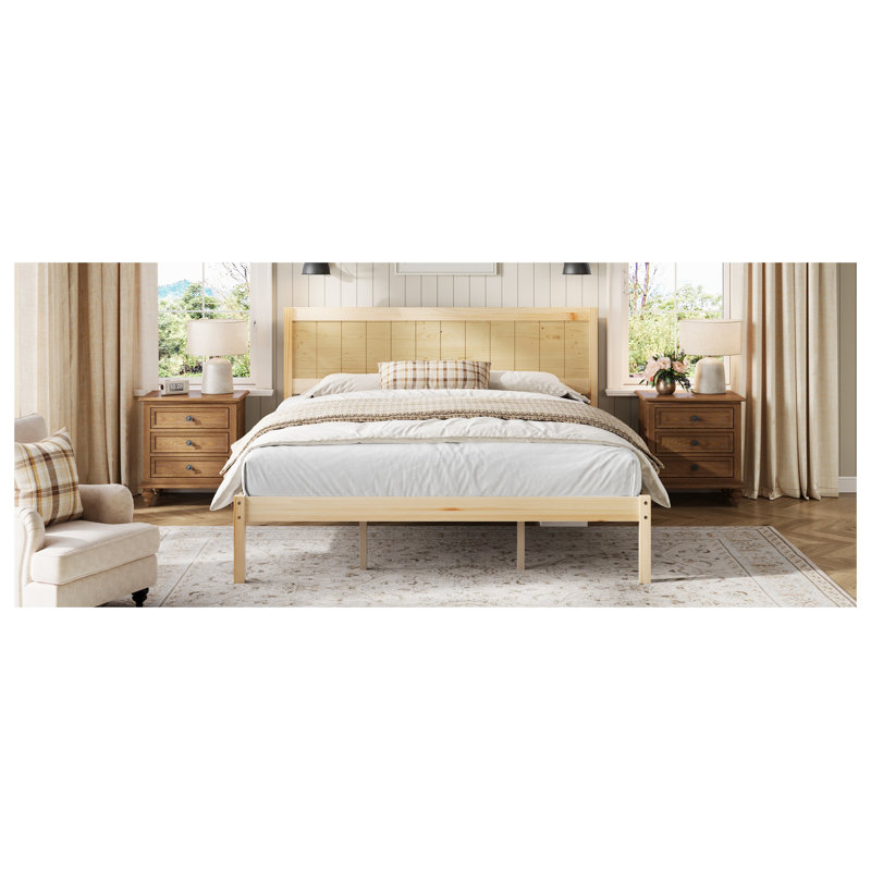 Base de lit plateforme en pin naturel avec tête de lit en bois massif - Aucun sommier requis, support à lattes robuste pour chambre à coucher moderne