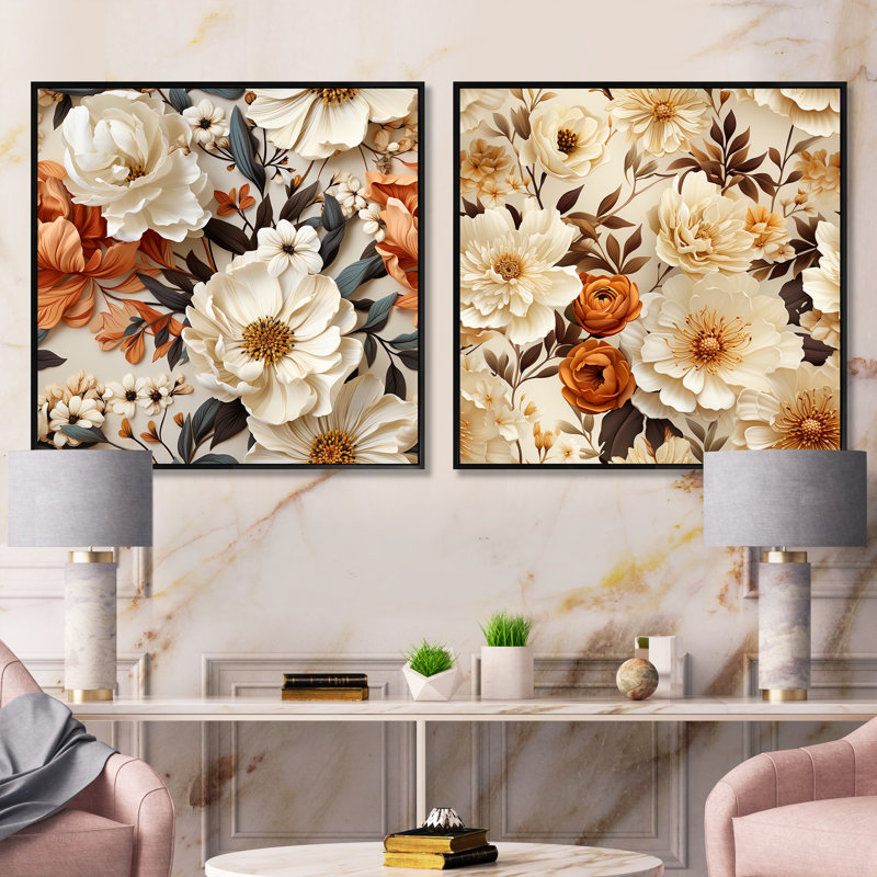 Thatcham - Ensemble de 2 collages floraux carrés, Cadre flottant noir, H 30 po x l 61 po