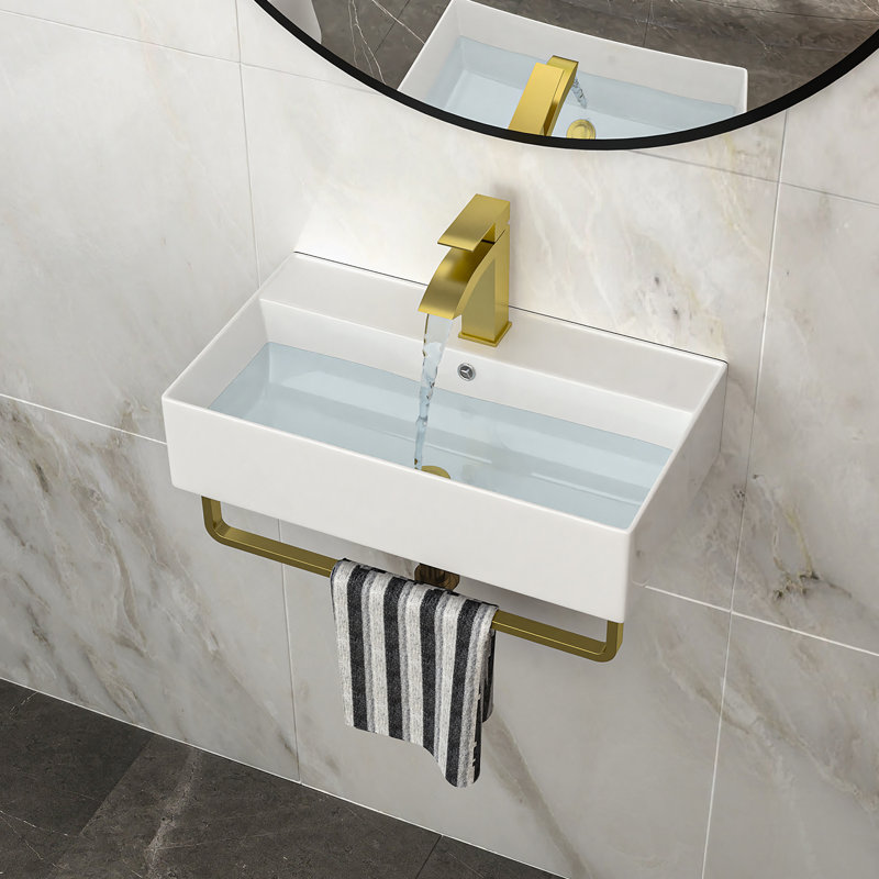 Lavabo de salle de bain mural rectangulaire en céramique 21 "x 12" avec barre à serviettes et trop-plein or, robinet doré