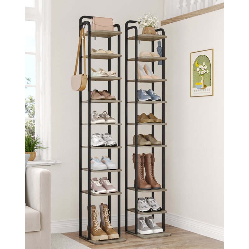 Vertical Shoe Rack, Shoe Shelves, Wood Shoe Organizer for Closet, Entryway, Shoe Tower for Small Spaces, Free Standing, Adjustable, with 2 Hooks