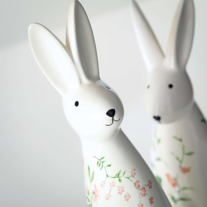 White Ceramic Floral Bunny Figurine Set, 12" and 9"
