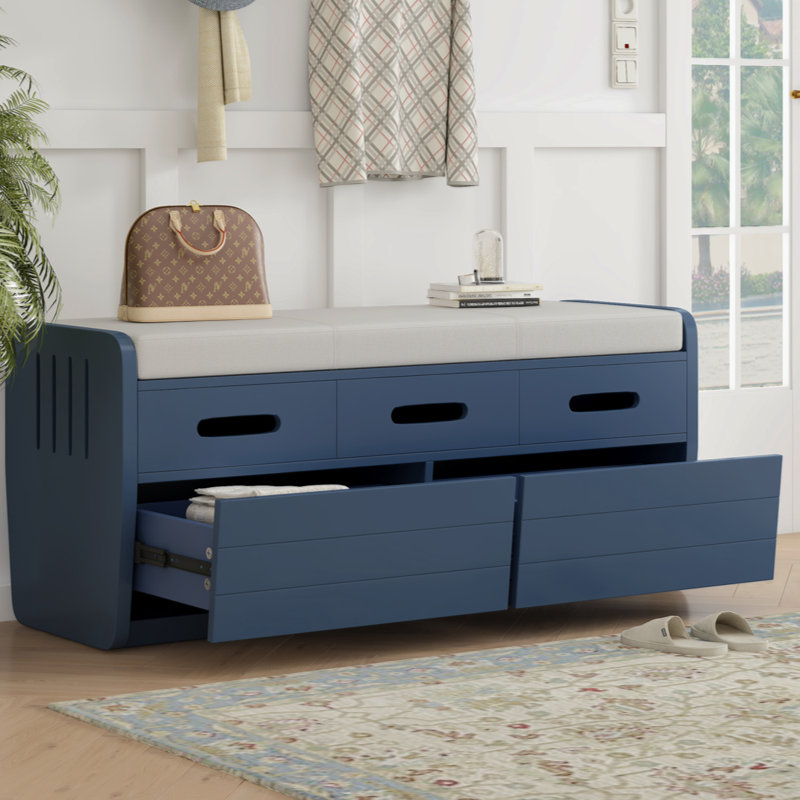 Rustic Storage Bench With 2 Drawers, Hidden Storage Space, And 3 False Drawers At The Top, Shoe Bench, Navy