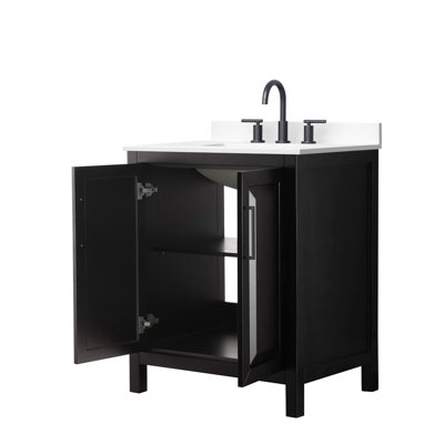 Meuble-lavabo simple 30 po Daria en espresso foncé, comptoir en marbre de culture blanc, lavabo carré encastré (3 trous), garniture noir mat