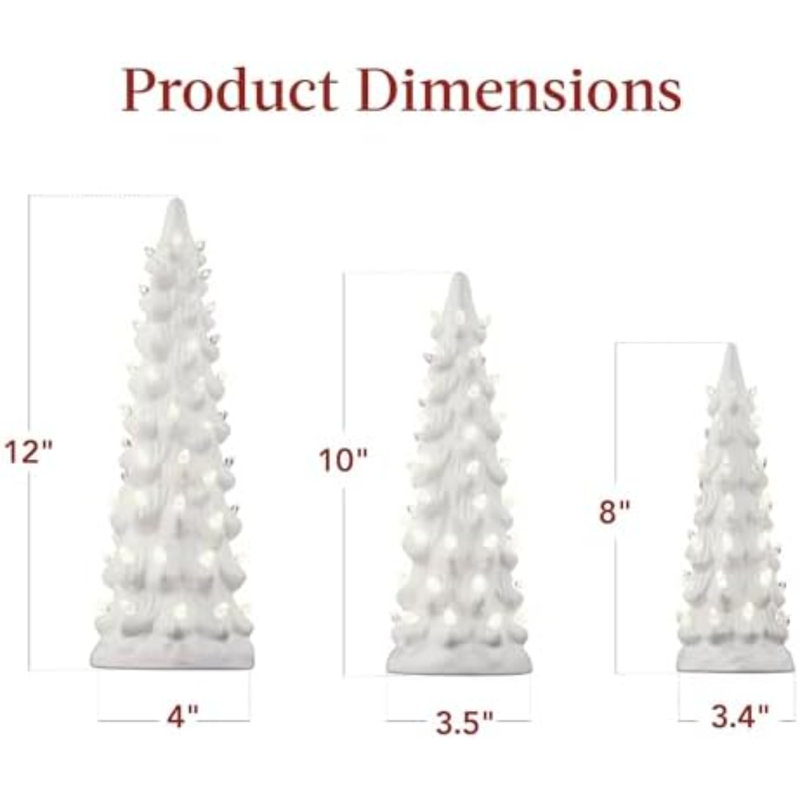 Ensemble de 3 sapins de Noël en céramique, décorations de table préilluminées et peintes à la main avec ampoules blanc chaud et lumières DEL blanches.