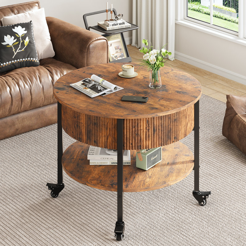Round Coffee Table With Wheels, Brown