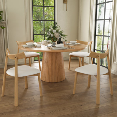 Round Dining Table Set for 4, Modern Farmhouse Kitchen Table with Wood Strip Base & 4 Solid Wood Chairs, Oak Finish Circle Table Set for Kitchen and Living Room