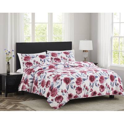  Ensemble de courtepointe rose en microfibre à motif floral