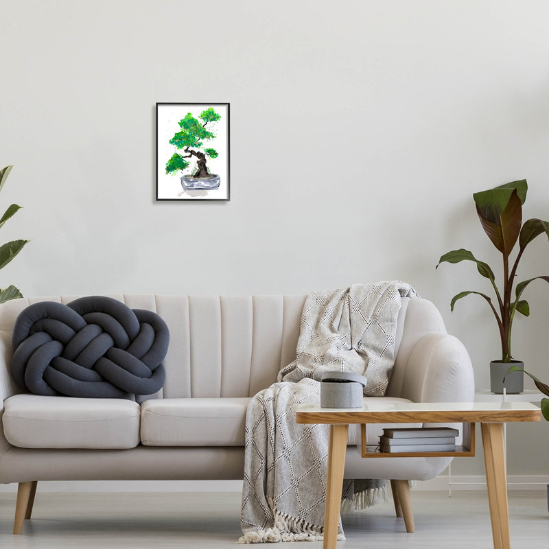 Casual Blooming Bonsai Tree by Sebastian Grafmann - Painting on Wood, Midnight Black Framed Giclee, 14" H x 11" W x 1.5" D