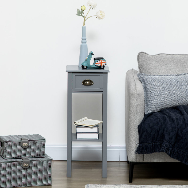 2 Side Table With Drawer In Gray, Narrow End For Living & Bedroom. Provides Storage Area Magazines, Books, Plants, Photos. Elegant Style, Stable Made, Tipping Function. High Bottom Rack Protects