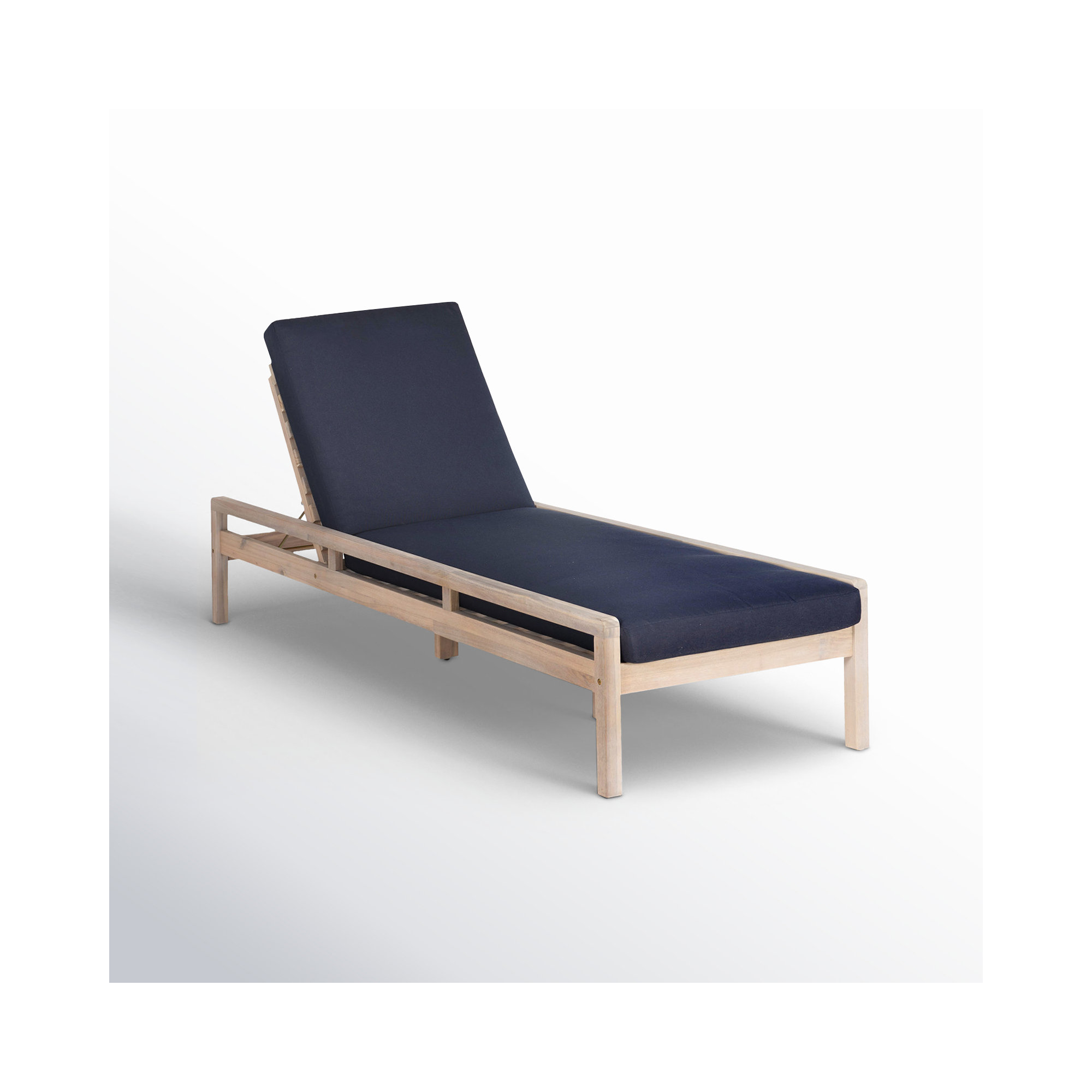 Amina Solid Acacia Wood Reclining Chaise Lounge with Cushion, Navy
