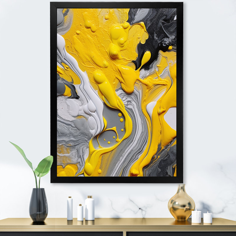 Impression sur toile abstraite jaune et grise cosmique II, H 32 po x l 16 po, Cadre photo unique, Noir