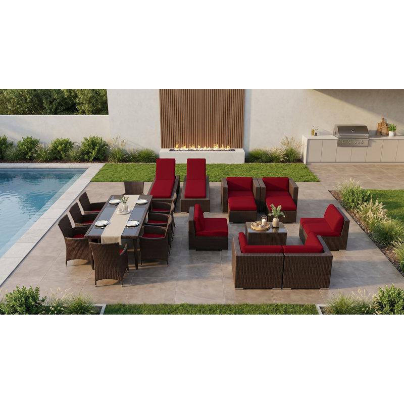 Ensemble de conversation en osier Pavior, Brun foncé, Toile Sunbrella® rouge Jockey