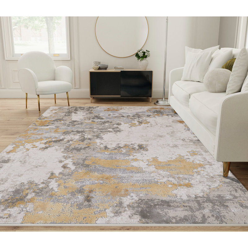Annya Abstract Jute Ivory/Yellow/Gold Area Rug, Rectangle 5' x 8'