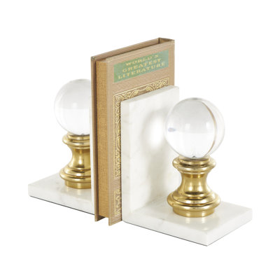 Marble Decorative White Bookends with Glass Orbs and Gold Accents Set