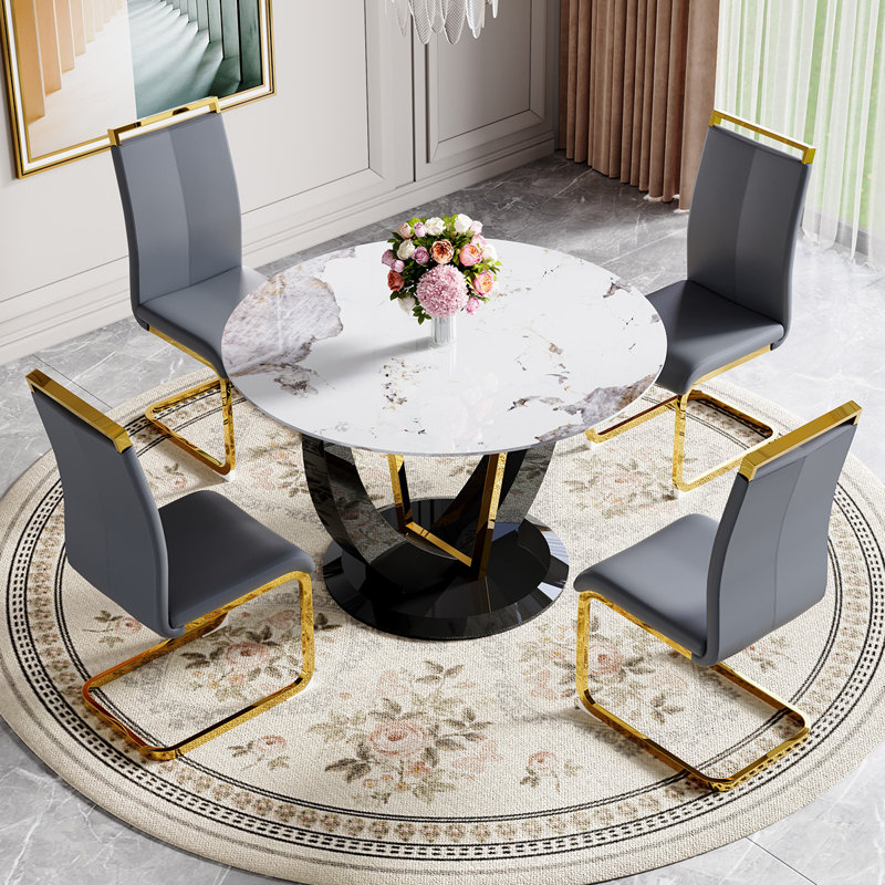 Ensemble de table ronde, 5 pièces: table, 4 chaises, Gris