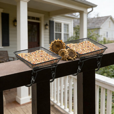 2 Pack Metal Platform Bird Feeder For Deck Railings - Compact 7X7 Inch Seed Tray With Elastic Ropes For Wild Birds And Squirrels In Garden, Backyard, Or Balcony