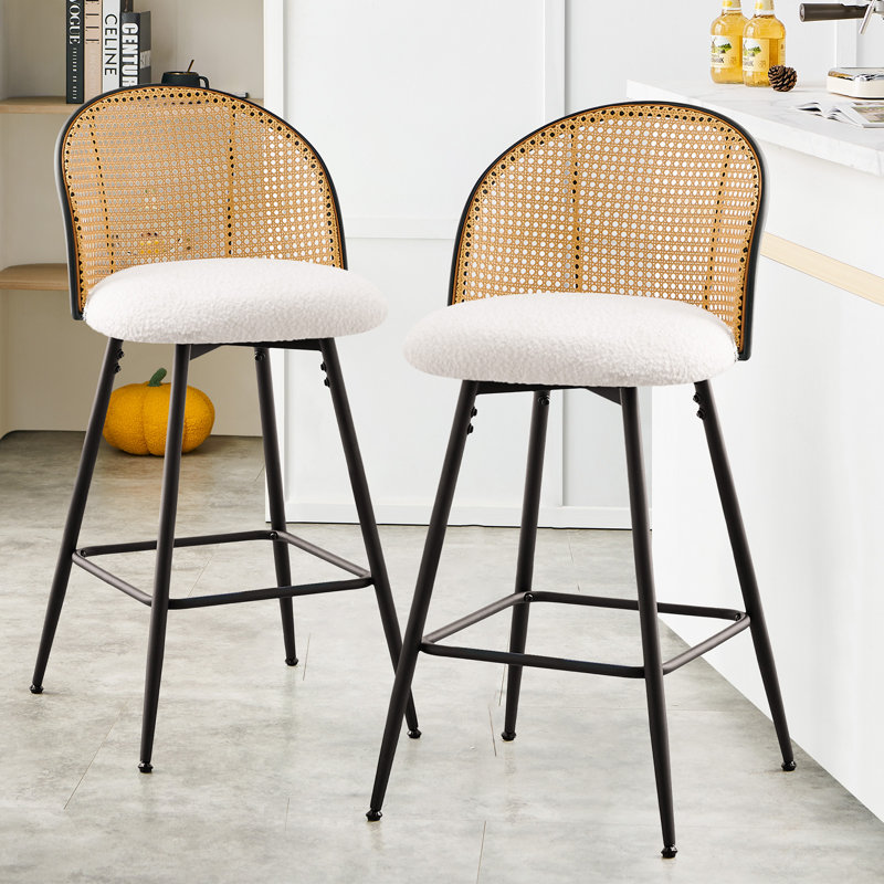 Aansu Swivel Boucle Upholstered Counter & Bar Stool, White, Black/Natural, Counter Stool (26" Seat Height)