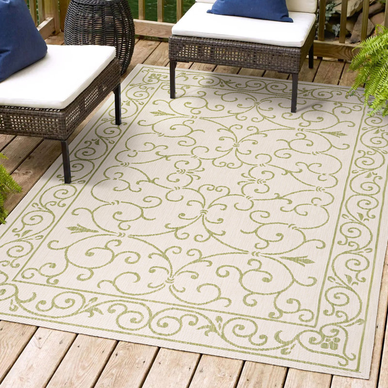 Tapis d'intérieur / extérieur crème / vert Debbe, Rectangle 5 pi 3 po x 7 pi 7 po