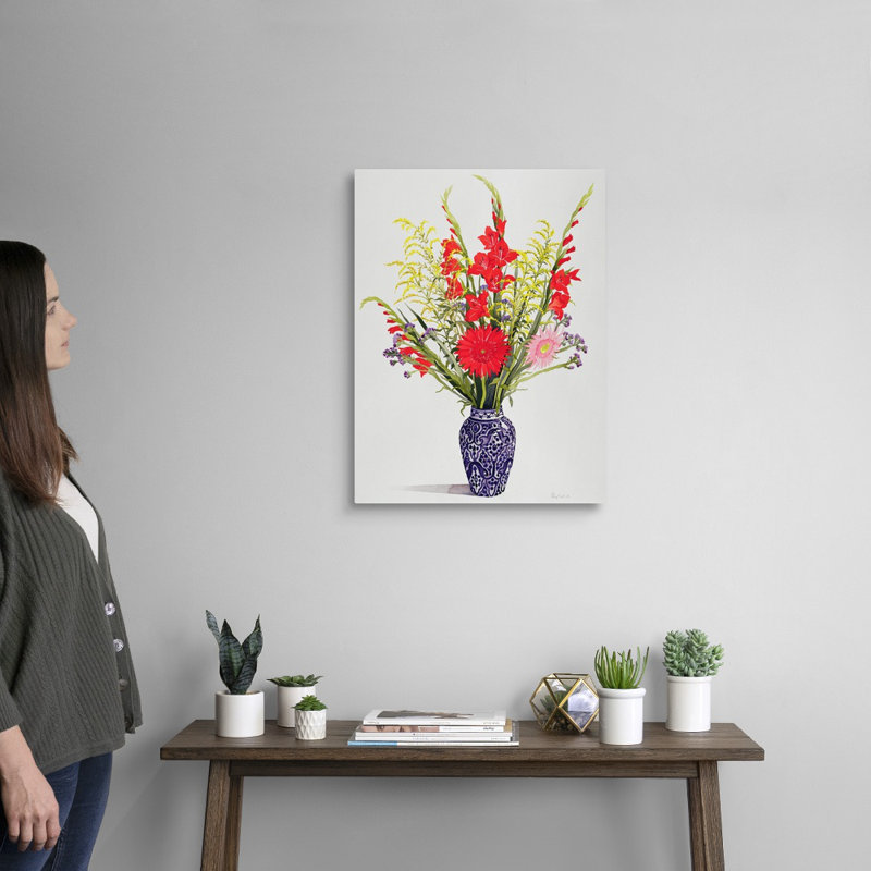 «Tiger Lilies, Gladioli, and Scabious in a Blue Moroccan Vase» par Christopher Ryland, reproduction sur toile, Toile tendue