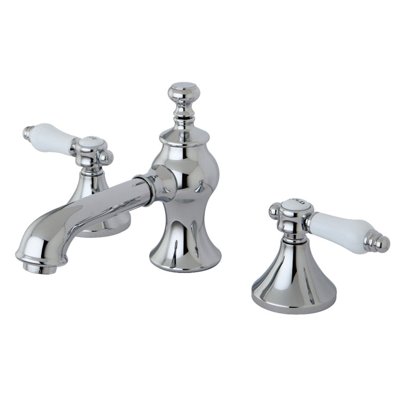 Kingston Brass English Country Two-Handle 3-Hole Deck Mount Widespread Bathroom Faucet with Brass Pop-Up Drain