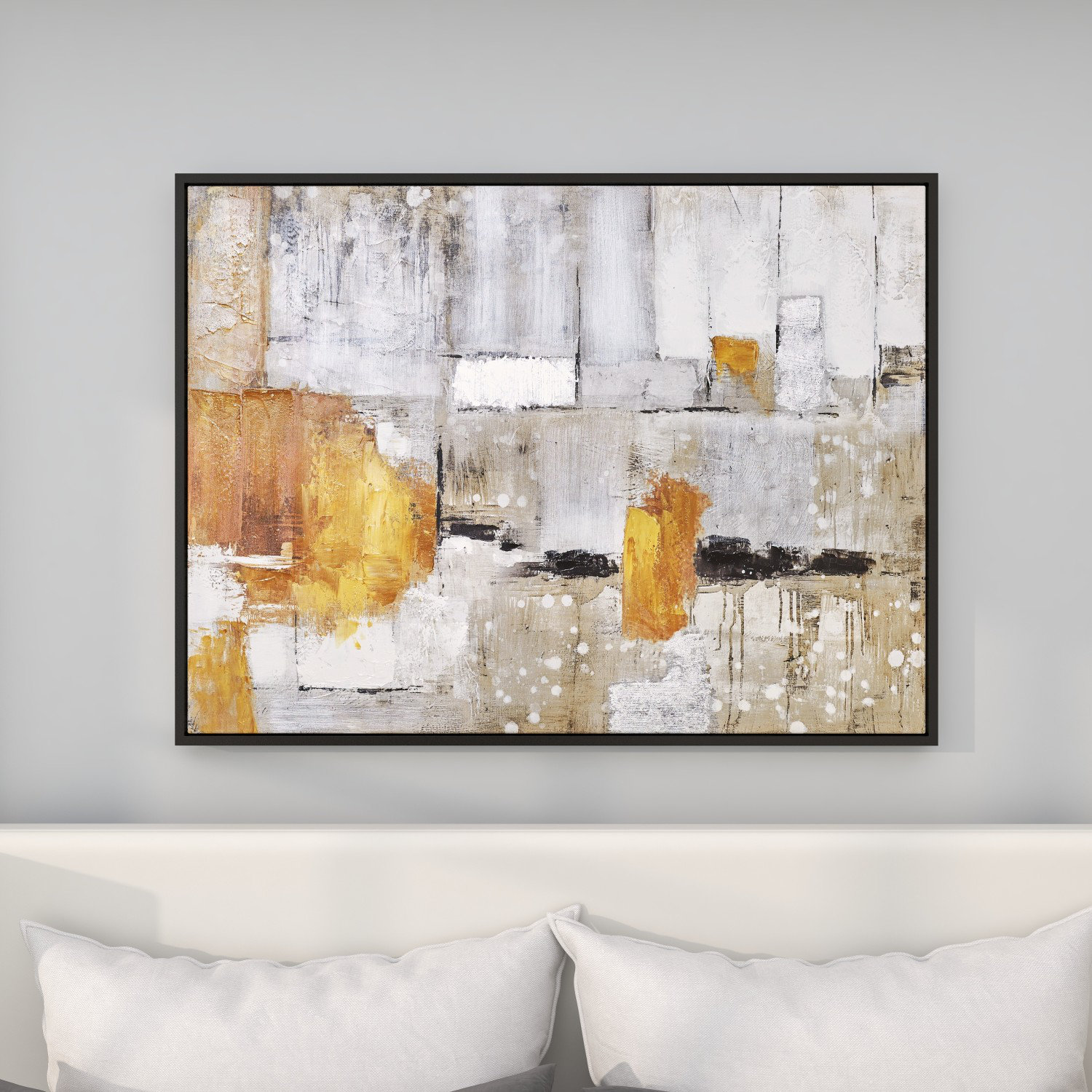 Ivy Bronx Canvas Abstract Gray Framed Wall Art with Black and Yellow