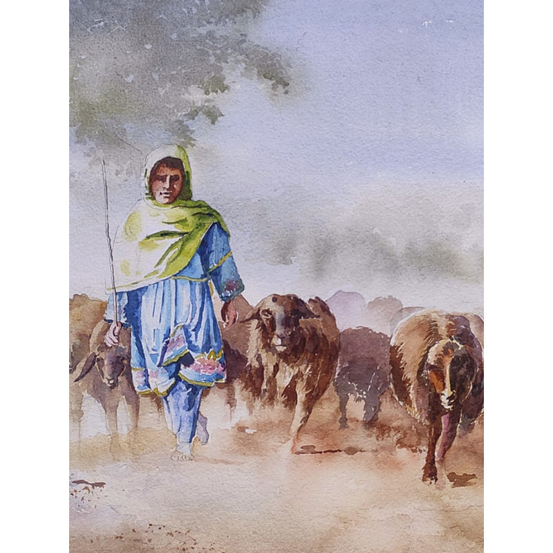 Une peinture de campagne - Berger avec mouton | Aquarelle | Par Rajib Agarwal