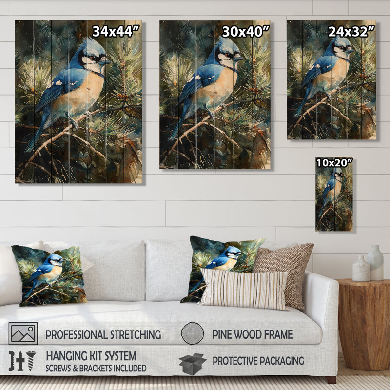 Geai bleu parmi les pins IV - Art mural en bois oiseau - sur bois de pin naturel, H 20 po x l 10 po x P 0,78 po