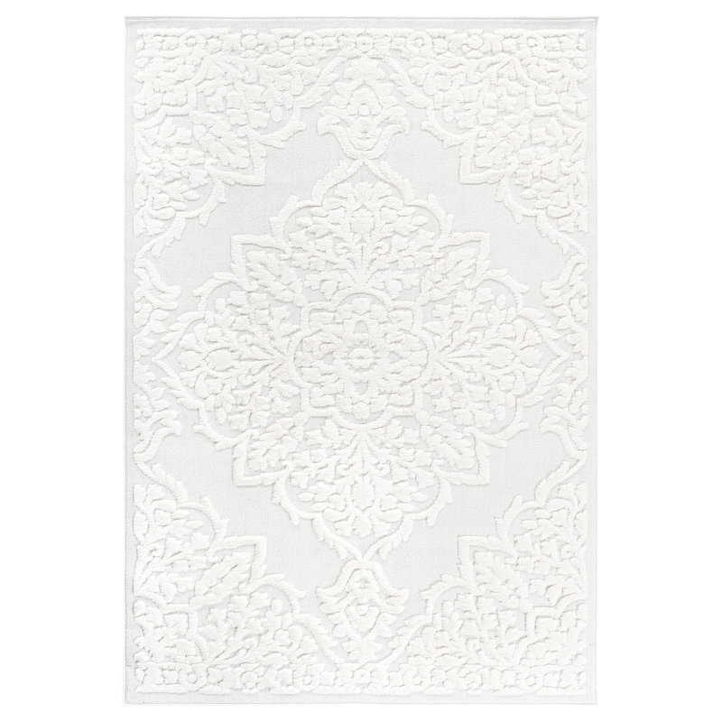 Step Collection High-Low Medallion Cream/Cream Indoor Area Rug, 5'3''X7'6'', Modern, Contemporary, Geometric, Bohemian, Bedroom, Kitchen, Living Room, Non Shedding Carpet