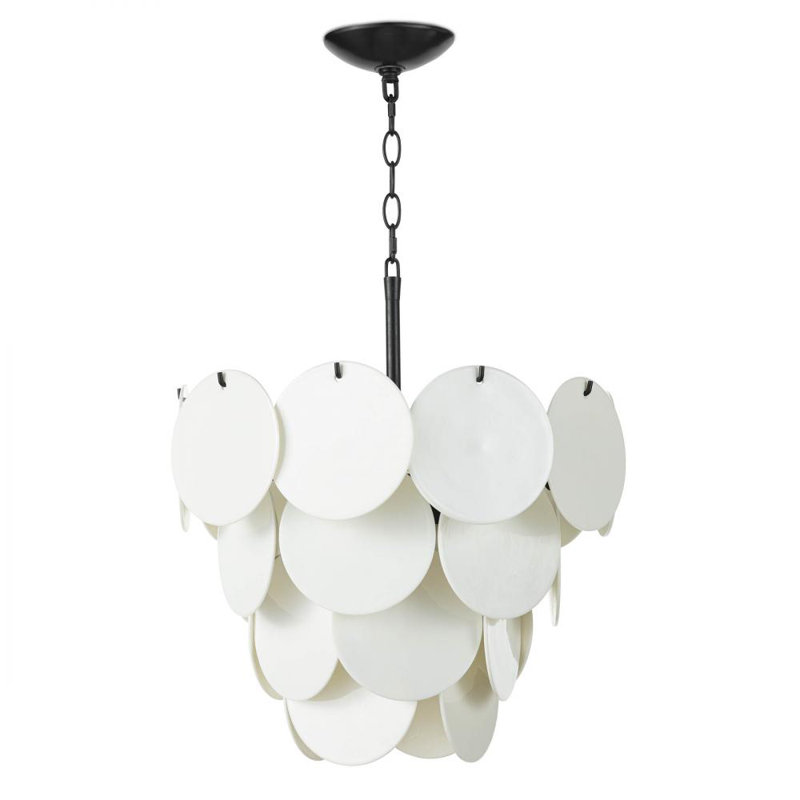 White Glass Disc Modern Chandelier with Blackened Iron Frame
