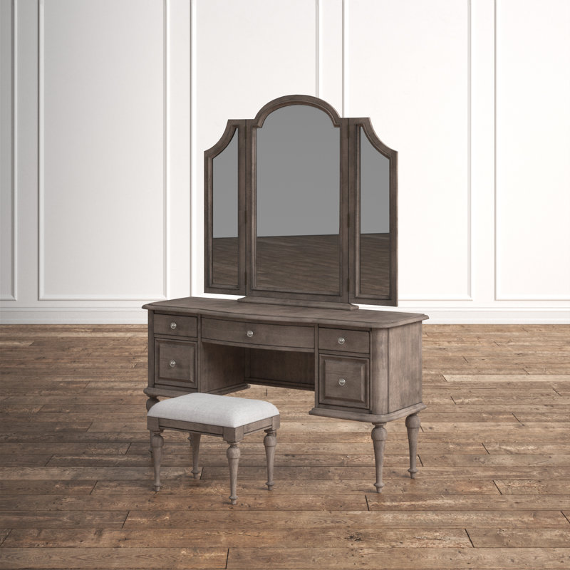 Coiffeuse avec miroir Aubreyella, Bois flottant gris, Blanc cassé