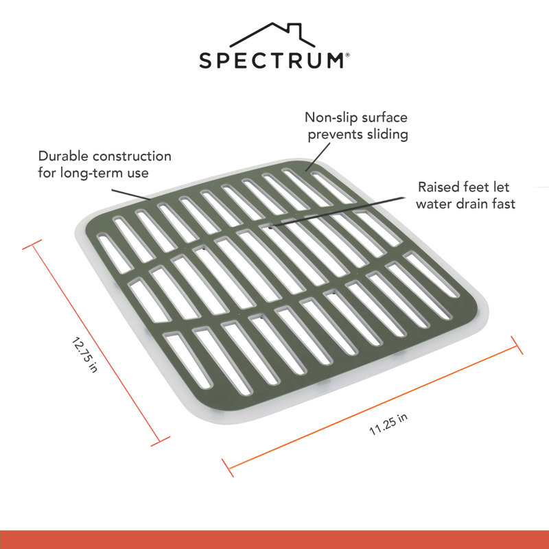 Spectrum Small Sink Mat Protector For Kitchen Sink With Raised Feet For Quick Drying And Water Flow, Soft Rubber Non Slip Surface Protects Dishes Glassware For Stainless Steel Sinks, Thyme Green