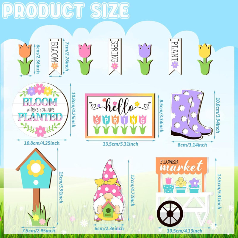 Kalojan 12 Pcs Spring Tiered Tray Decor Wooden Gnomes Flowers Plants Tabletop Trays Signs Spring Summer Fall Tiered Tray Items For Home Farmhouse Rustic Kitchen Decorations (Spring)