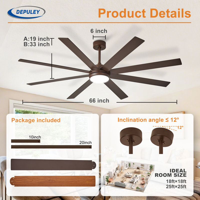 Ventilateur de plafond de 66 po avec éclairage, brun, intérieur/extérieur, télécommande, 8 pales, variateur, minuterie, réversible, moteur CC silencieux, 6 vitesses