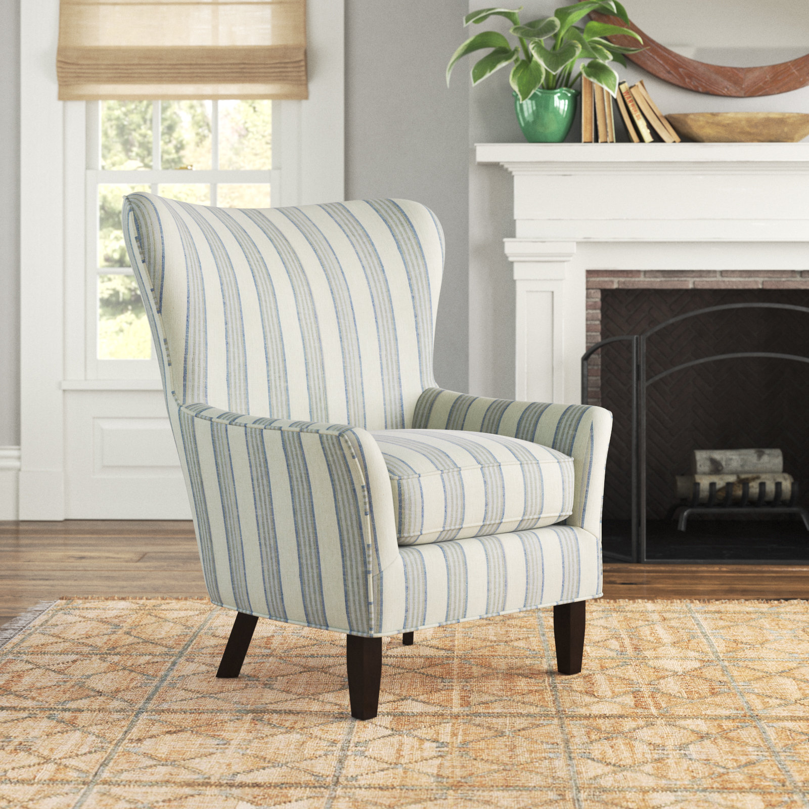 Mihara Upholstered Wingback Chair, Linework Beige Striped