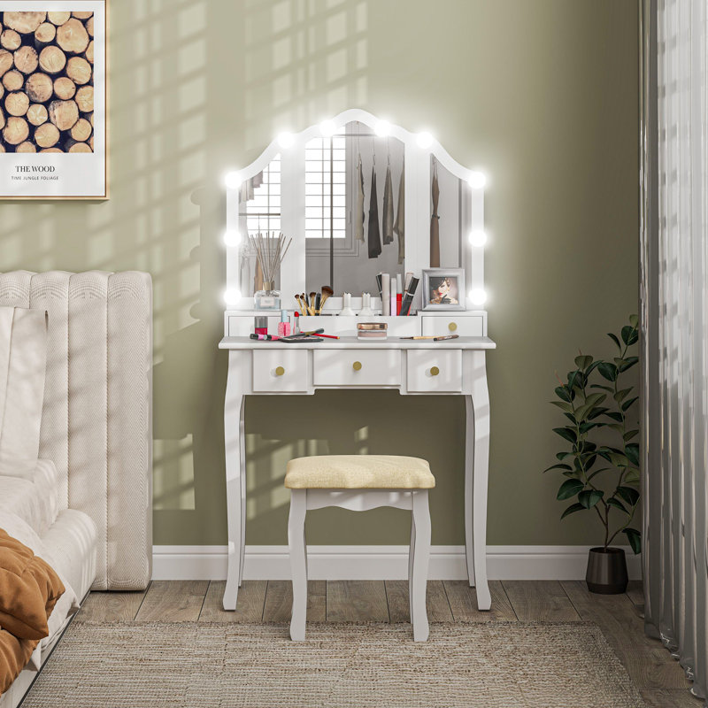 Ensemble de meuble-lavabo avec miroir et tabouret, bureau de meuble-lavabo avec rangement, blanc