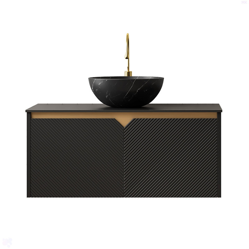 Meuble-lavabo et lavabo 36 po, armoire de rangement flottante murale en contreplaqué, portes doubles en sergé avec garniture en métal, vasque en céramique noire avec motif en pierre et plateau en pierre frittée noire, noir