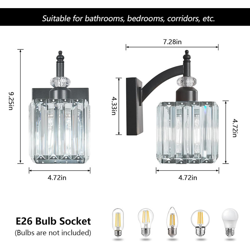 Modern Crystal Wall Sconces Set Of Two With Black And Gold Finish, Indoor Wall Mounted Lighting For Bathroom Vanity And Room Decor