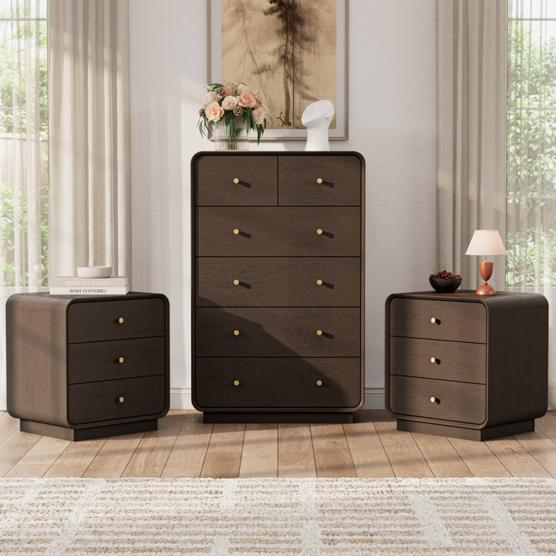 Ensemble de chambre à coucher, Brown, 3 Pcs: 2 Nightstands, Chest