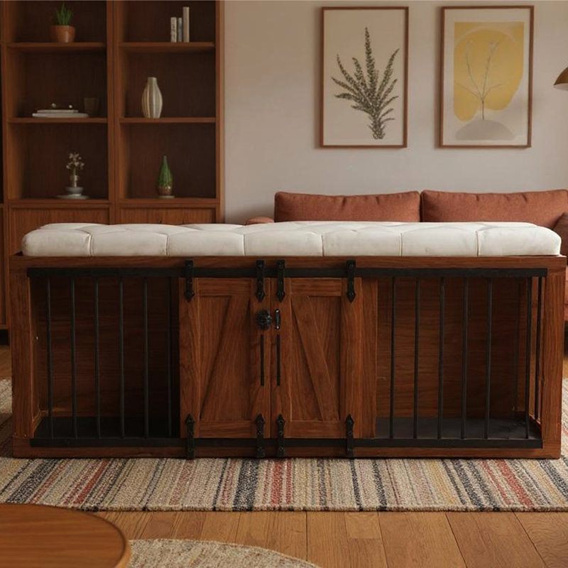 Cage pour chien en noyer de 56 po de L avec siège confortable et composants en métal, multi-usage dans le salon, siège rembourré conçu pour escalier pour animaux, convient aux petits et moyens chiens, décoration intérieure