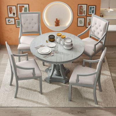 Extendable Round Dining Table Set with 4 Armchairs for Kitchen and Dining Room