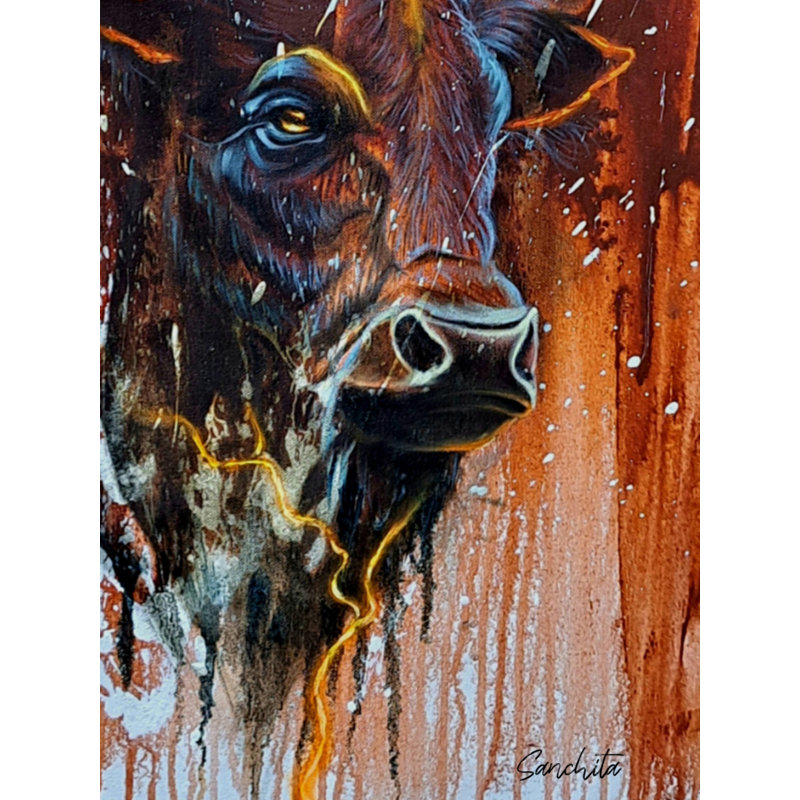 Acrylique «Big Bull», peinture sur toile par Sanchita Agrahari - Art mural animal majestueux, décor rustique indien fait à la main