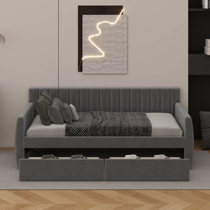 Lit de jour simple tapissier avec tiroirs, Gris