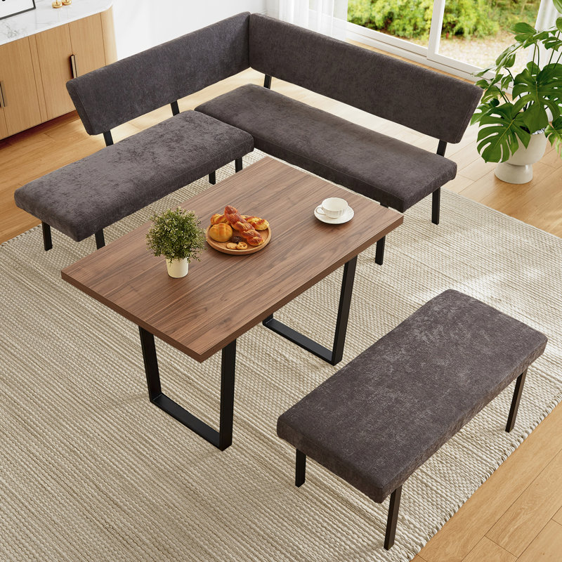3-Piece Mdf Top Dining Table Set 42.9 In. Rectangle Table, 1 Sofa Corner Bench And 1 Bench, Gray
