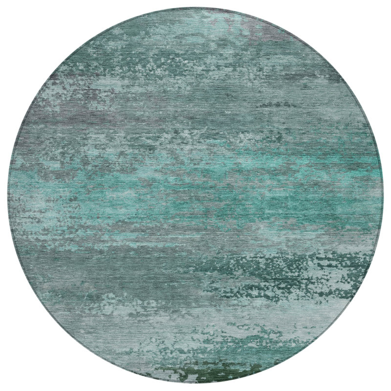 Machine Washable Indoor/Outdoor Xhevrie Teal Rug, Round 8'