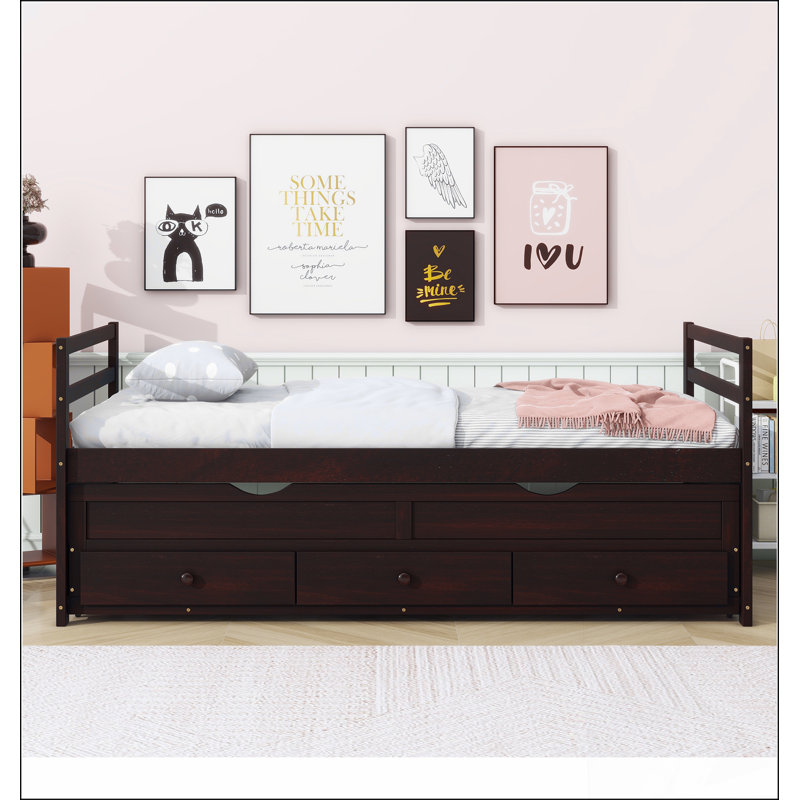 Lit simple en bois de pin avec tête de lit, pied de lit, lit gigogne et trois tiroirs de rangement, finition espresso pour plus de durabilité et de style