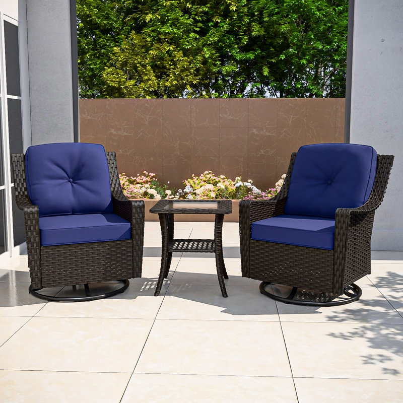 Azure Bay 3-Piece Brown Steel Wicker Outdoor Bistro Set with Blue Cushions