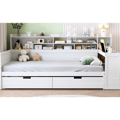 Antique White Wooden Bed With Multi-Functional Storage & Desk Option Twin-Size Daybed Functional Desk, Hue