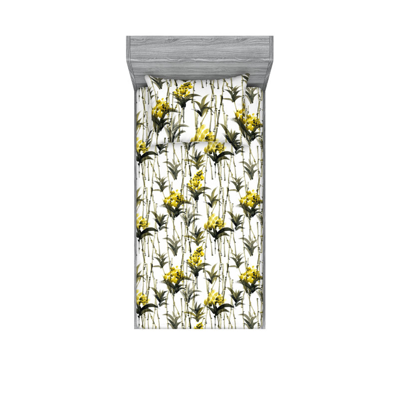 Drap-housse et taies décoratives 3 pièces Ambesonne, Vert olive foncé / motif floral moutarde
