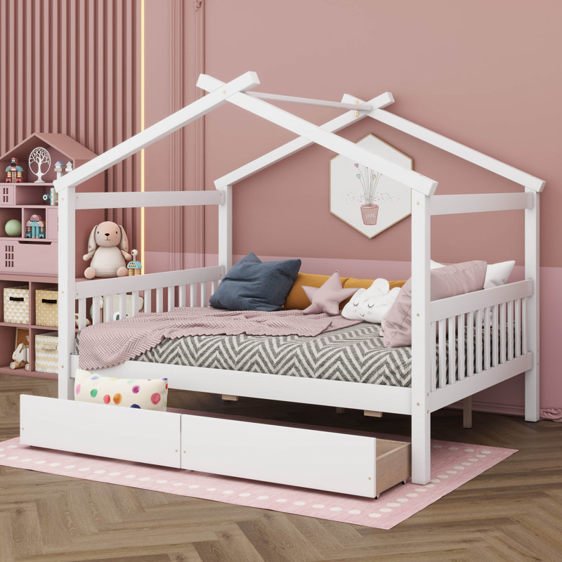 Lit en bois avec tiroirs, Double, Blanc